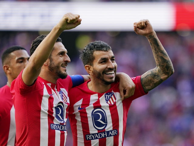 Angel Correa de l'Atletico Madrid célèbre son quatrième but le 17 février 2024
