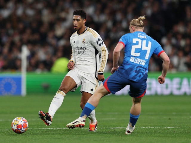 Jude Bellingham du Real Madrid en action avec Xaver Schlager du RB Leipzig le 6 mars 2024
