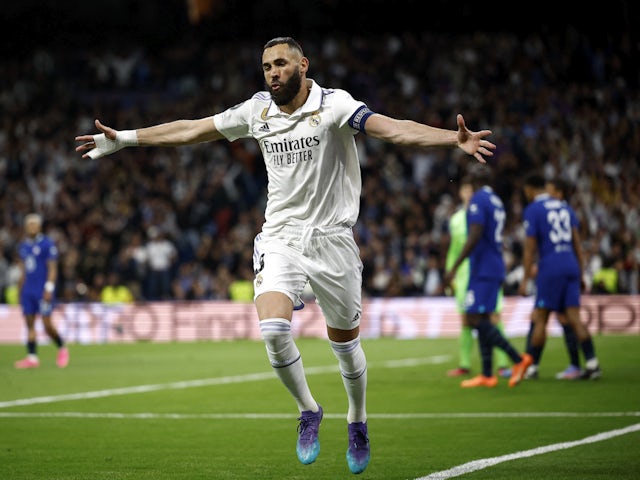 Karim Benzema du Real Madrid célèbre son but contre Chelsea le 12 avril 2023