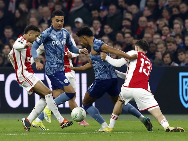 Ollie Watkins d'Aston Villa en action avec Ahmetcan Kaplan d'Ajax Amsterdam le 7 mars 2024
