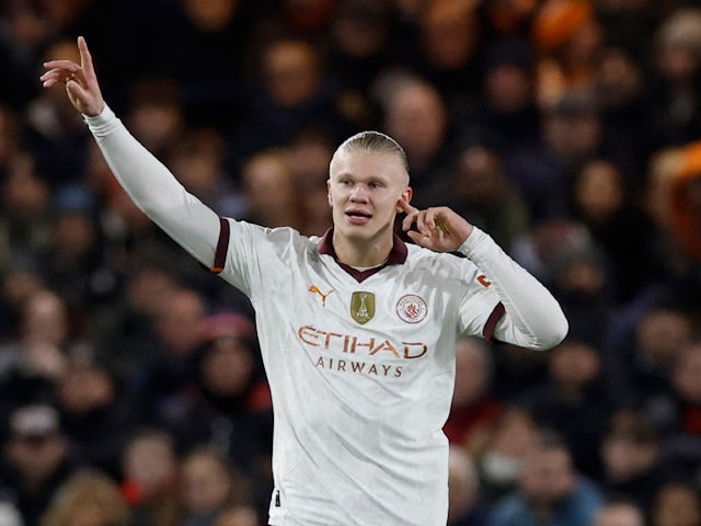 Erling Haaland de Manchester City célèbre son premier but le 27 février 2024