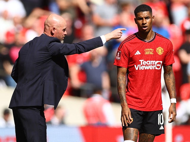 Le manager de Manchester United, Erik ten Hag, et Marcus Rashford le 25 mai 2024