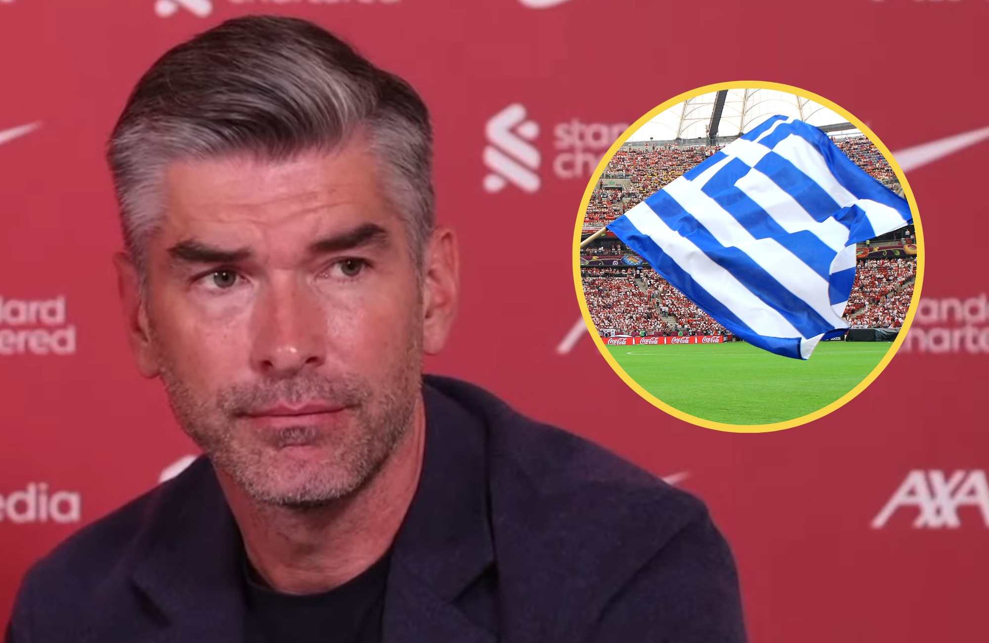 Liverpool sporting director Richard Hughes looks thoughtful next to picture of Greek flag.