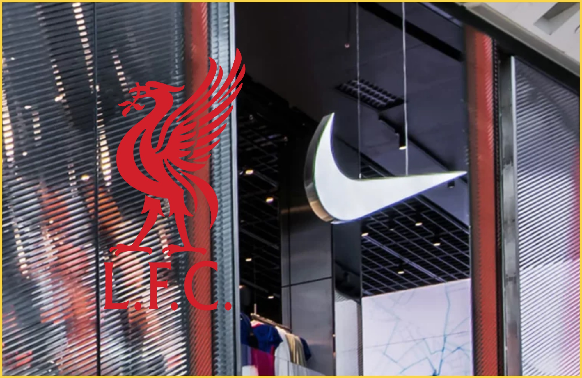 Liverpool club crest sits next to building with Nike logo.