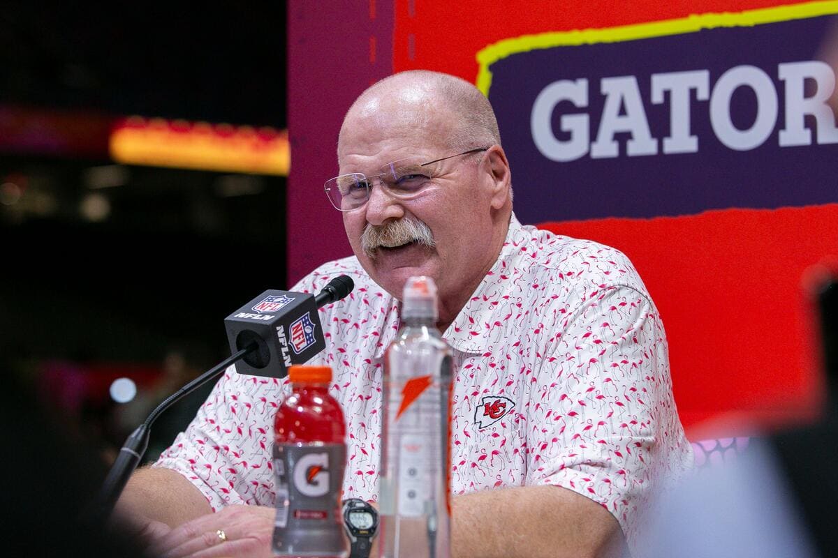 Kansas City Chiefs head coach Andy Reid talks to members of the media during Super Bowl week.