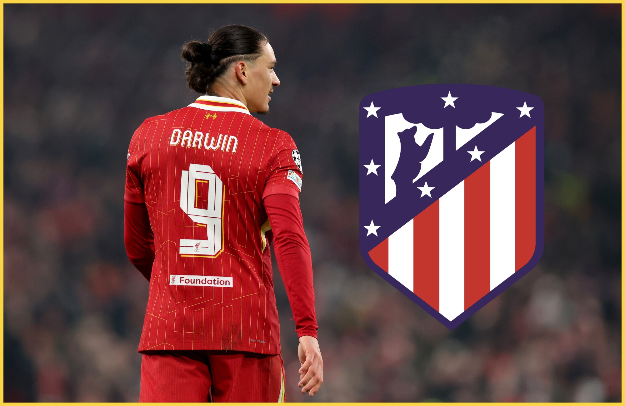 Darwin Nunez looks at Atletico Madrid club badge.