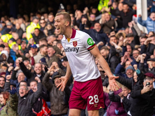 Tomas Soucek de West Ham United célèbre le score contre Everton, le 15 mars 2025 Tomas Soucek de West Ham United célèbre le score contre Everton, le 15 mars 2025