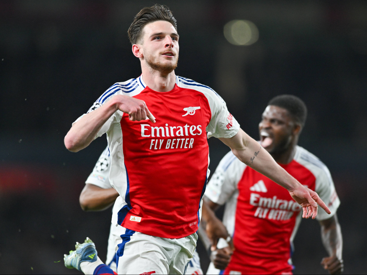 Declan Rice celebrates scoring for Arsenal on April 8, 2025