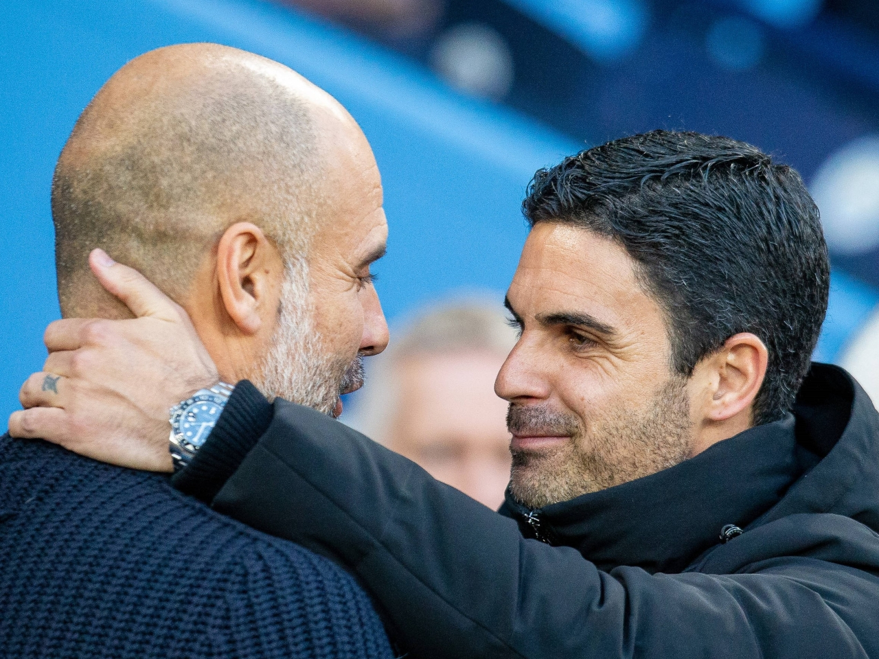 Manchester City Pep Guardiola greets Arsenal manager Mikel Arteta on April 26, 2023