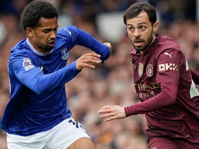 Iliman Ndiaye d'Everton Tussles avec Bernardo Silva de Manchester City le 19 avril 2025