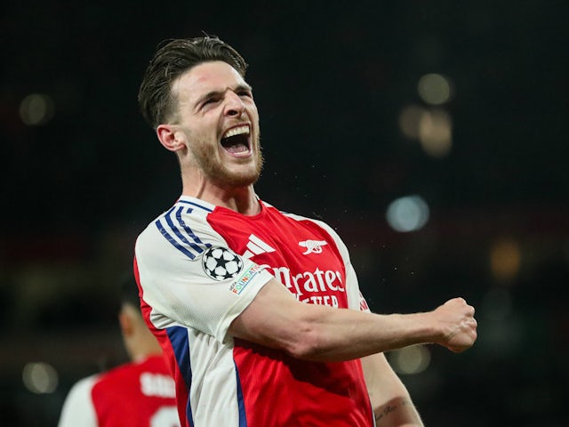 Declan Rice d'Arsenal célèbre le score le 8 avril 2025