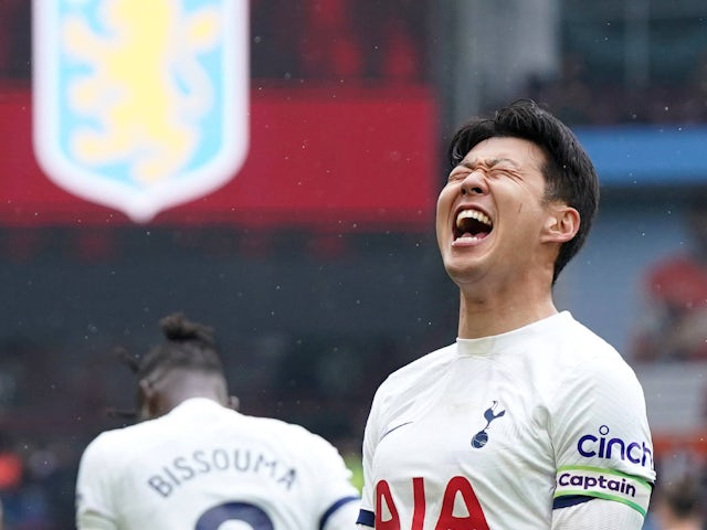 Le fils de Tottenham Hotspur, Heung-Min, célèbre le score contre Aston Villa en mars 2024