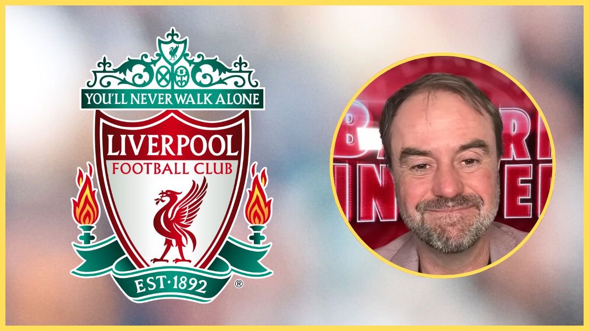 Christian Falk smiles next to Liverpool club crest.