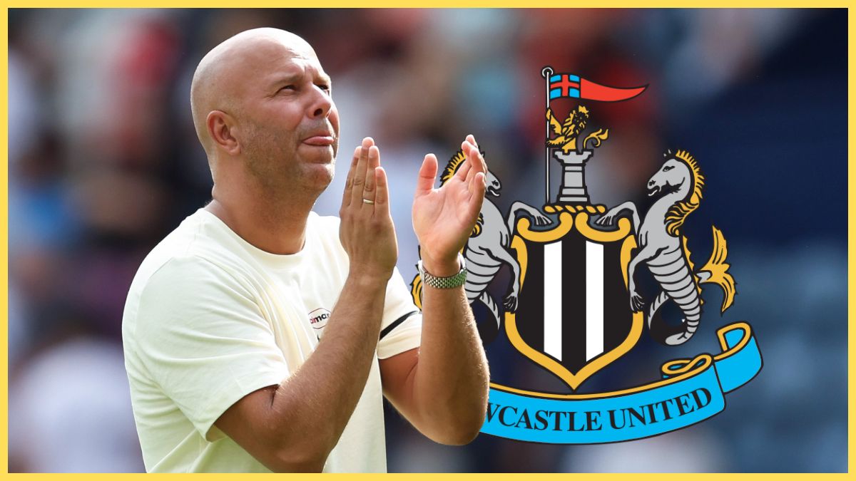 Liverpool head coach Arne Slot claps his hands in front of Newcastle club crest.