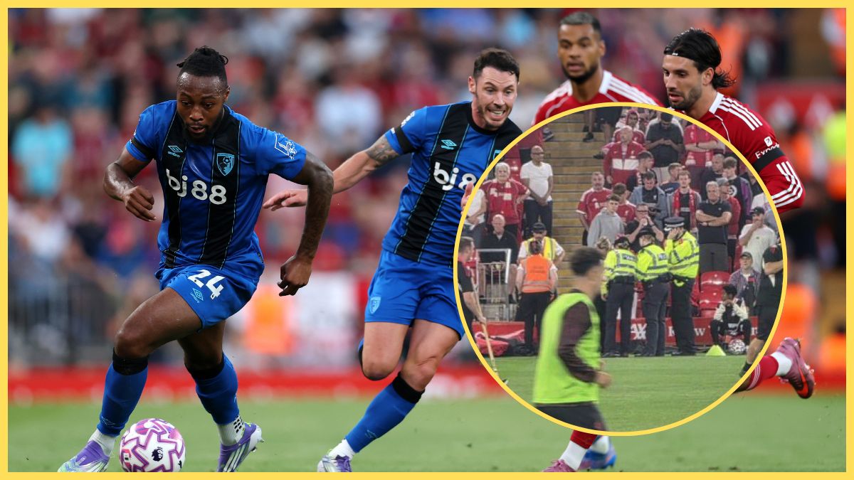 Antoine Semenyo dribbles with the ball next to picture of Liverpool fan being arrested by police.