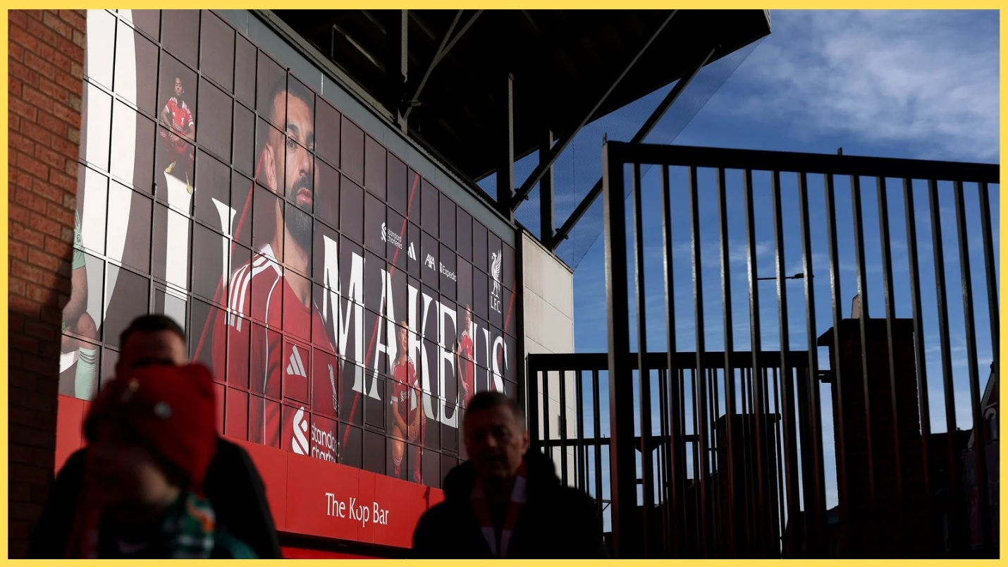 A photo of the exterior of the Kop at Anfield on matchday
