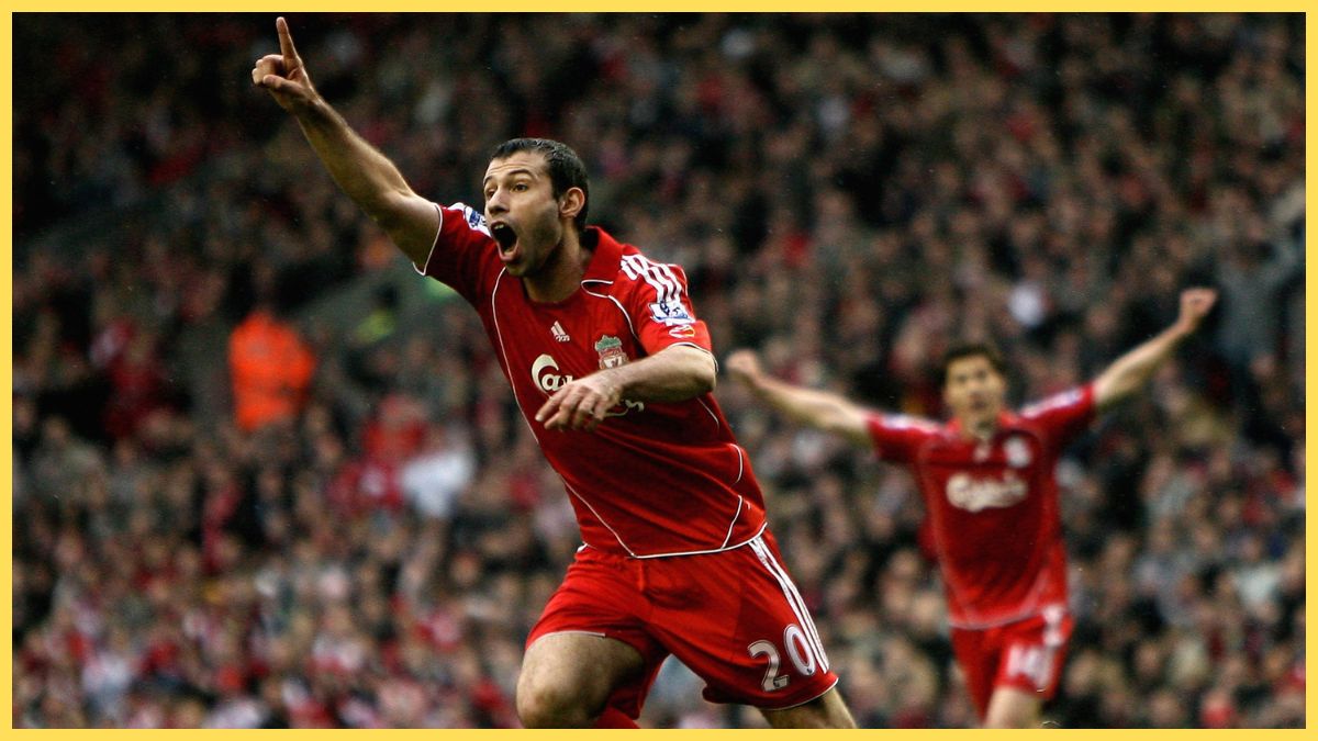 Javier Mascherano of Liverpool celebrates scoring against Reading in 2008