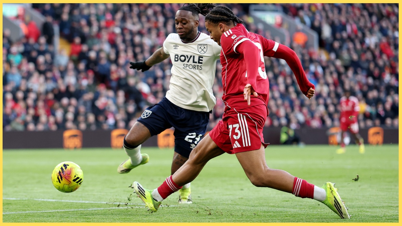 Rio Ngumoha evades the close attention of Aaron Wan-Bissaka