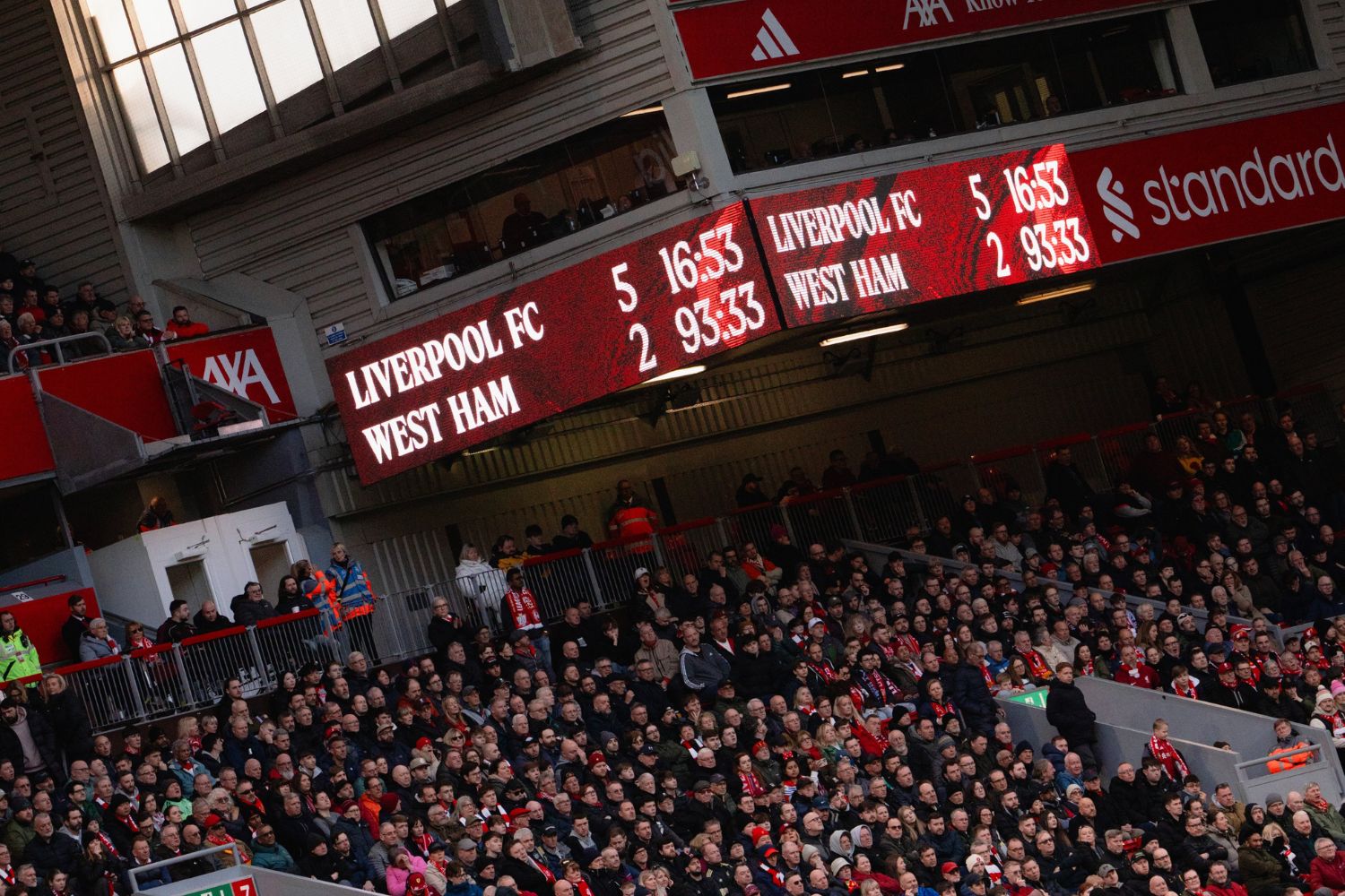 Tableau d'affichage de Liverpool après avoir battu West Ham 5-2