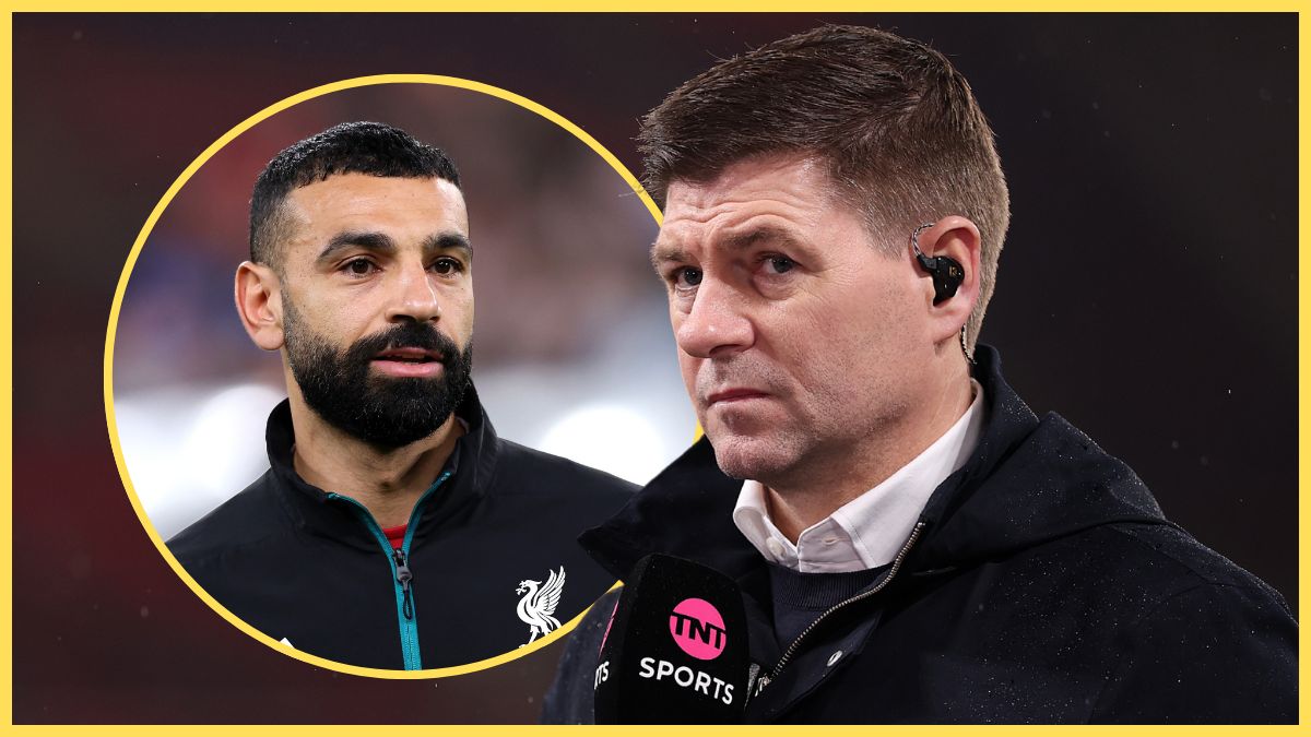 Steven Gerrard holds a microphone as Mo Salah looks on.