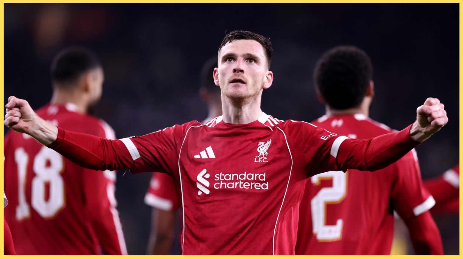 Andy Robertson celebrates his goal against Wolves