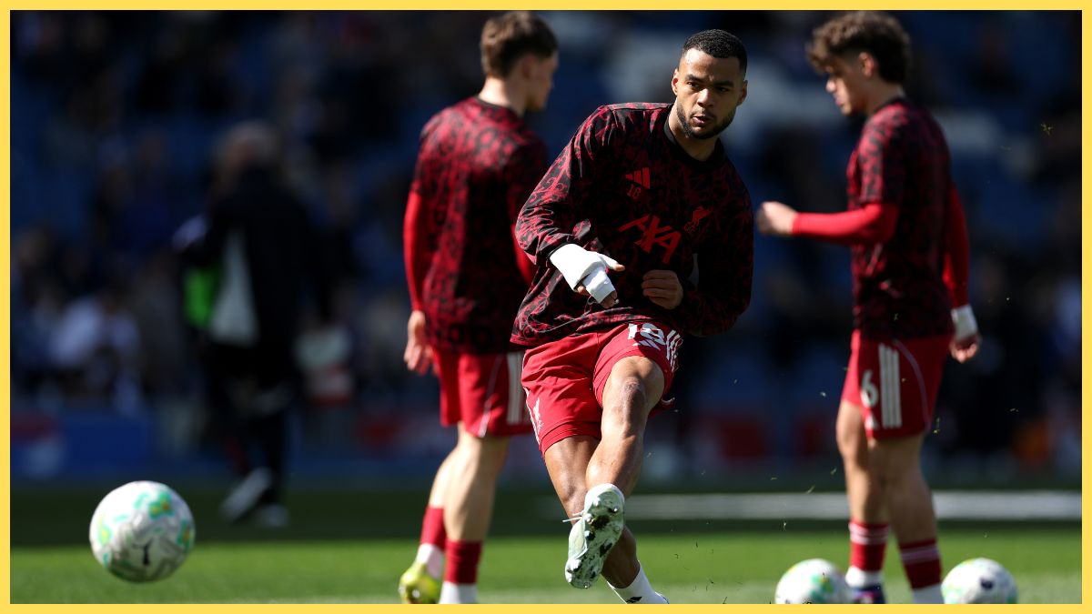 Cody Gakpo of Liverpool shoots during the warm up prior to the Premier League match between Brighton & Hove Albion and Liverpool
