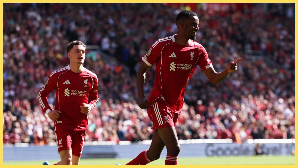 Alexander Isak of Liverpool celebrates scoring his team