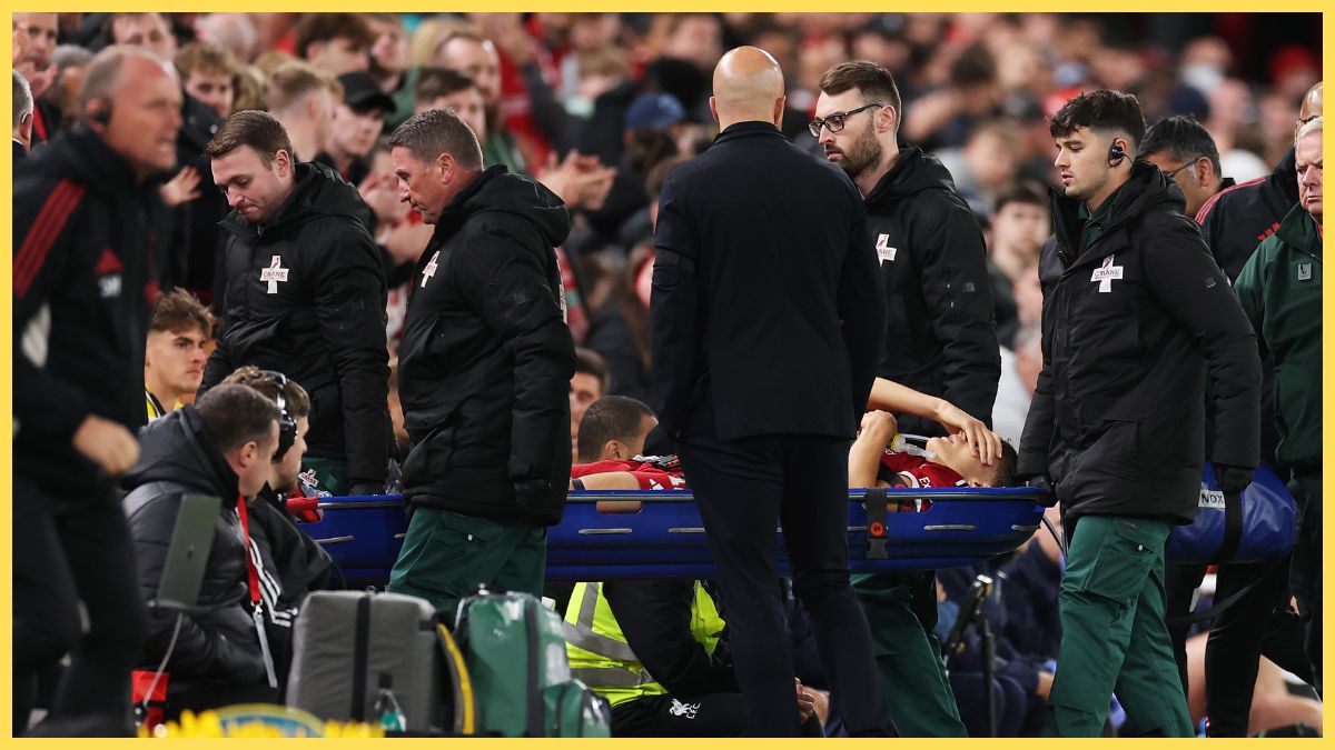 Giovanni Leoni of Liverpool is stretchered off having suffered an injury during the Carabao Cup Third Round match between Liverpool and Southampton at Anfield