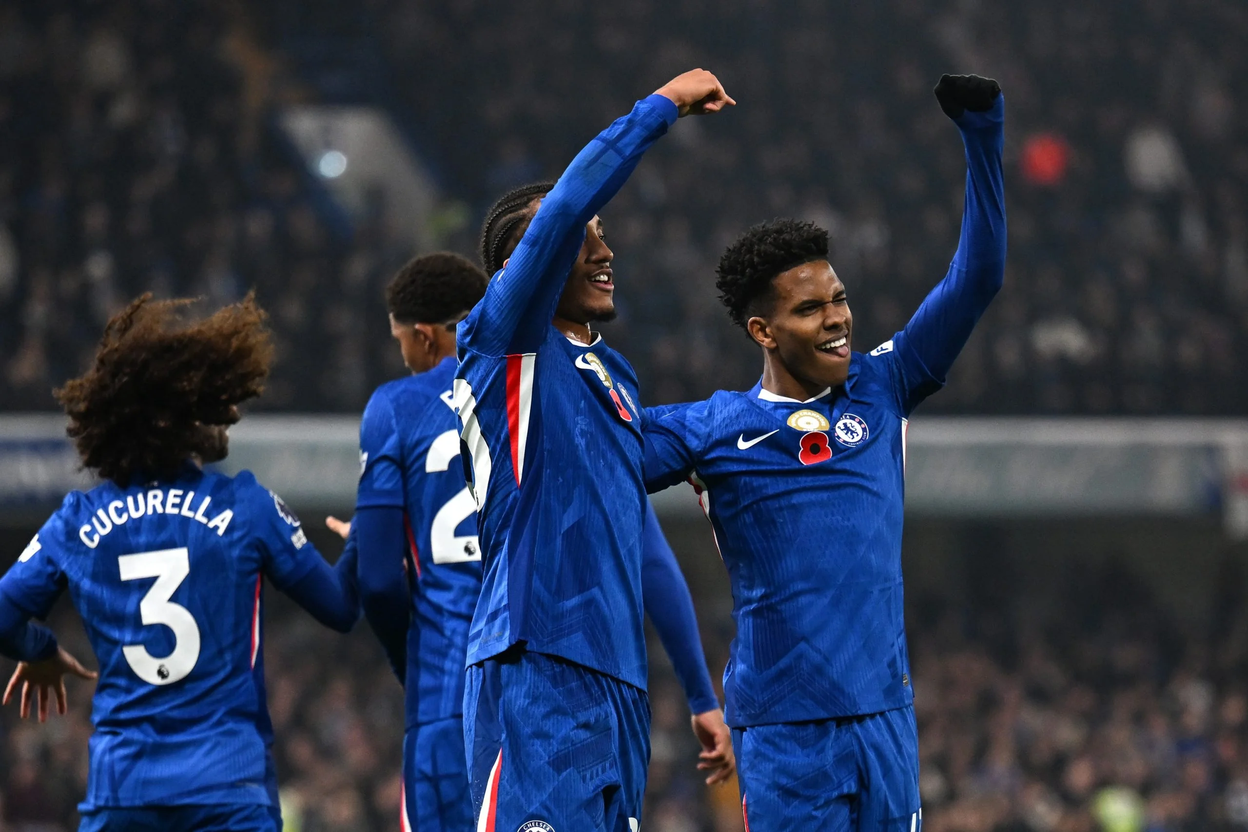 Joao Pedro and Estevao celebrate vs Wolves