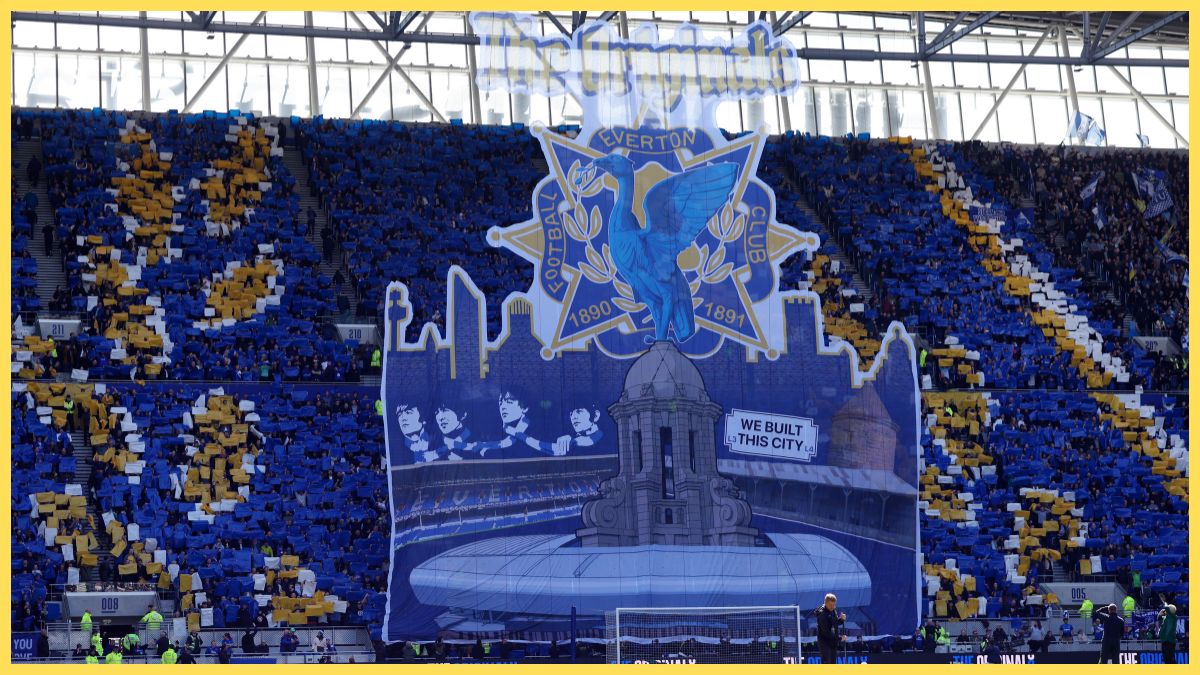 A general view of a tifo displayed by fans of Everton, prior to the Premier League match between Everton and Liverpool at Hill Dickinson Stadium