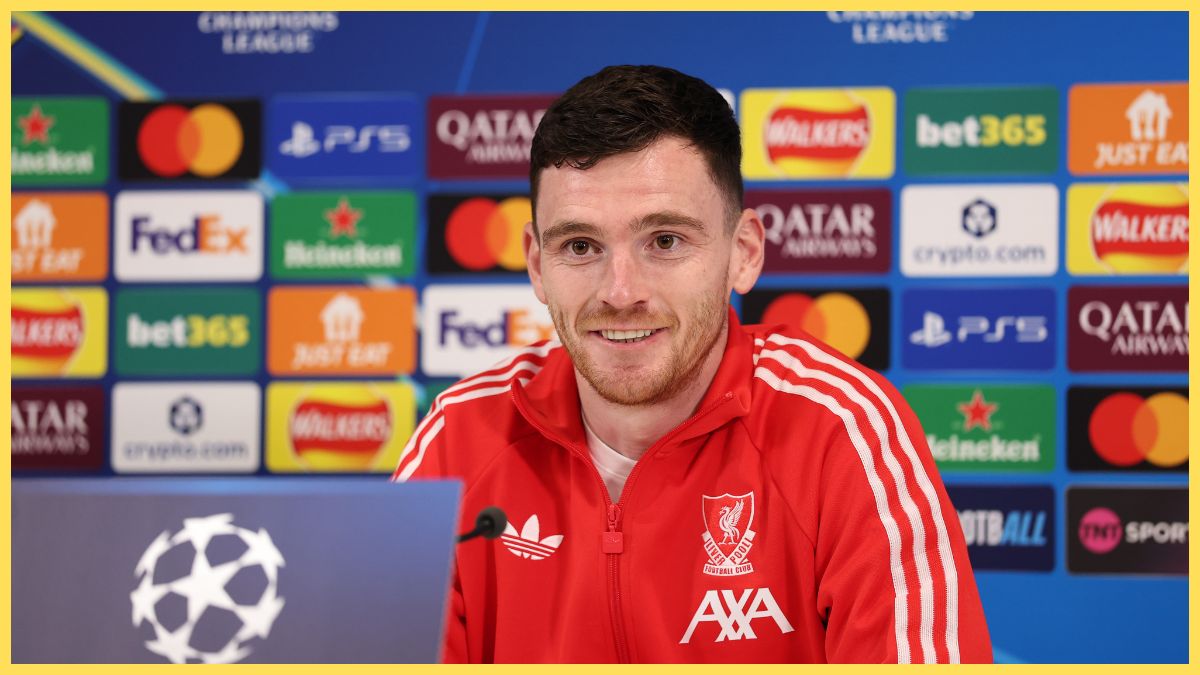 Andrew Robertson of Liverpool speaks to the media during a press conference ahead of the UEFA Champions League 2025/26 Round of 16 Second Leg between Liverpool FC and Galatasaray at AXA Training Centre