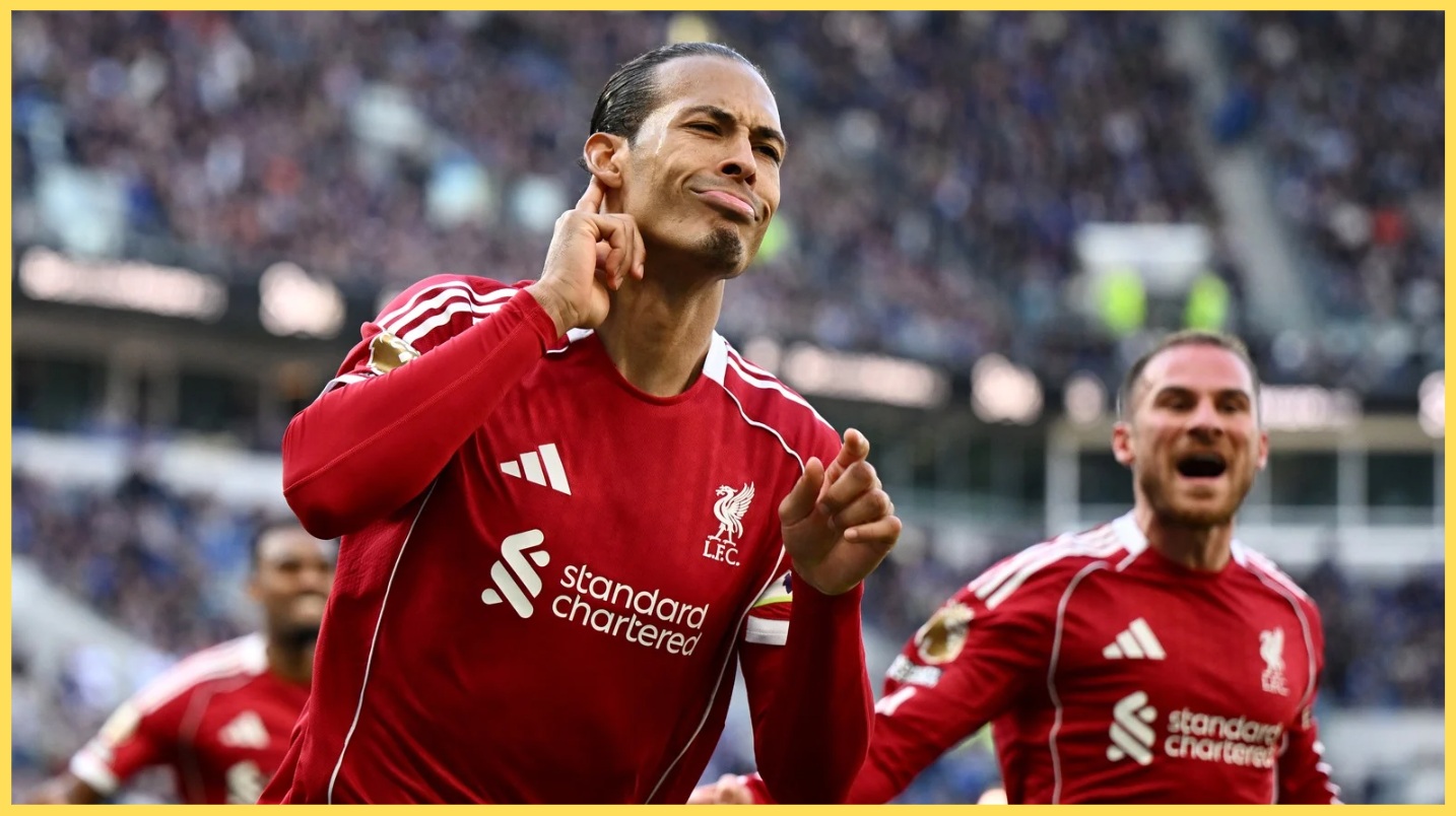 Virgil van Dijk celebrates his stoppage-time winner against Everton