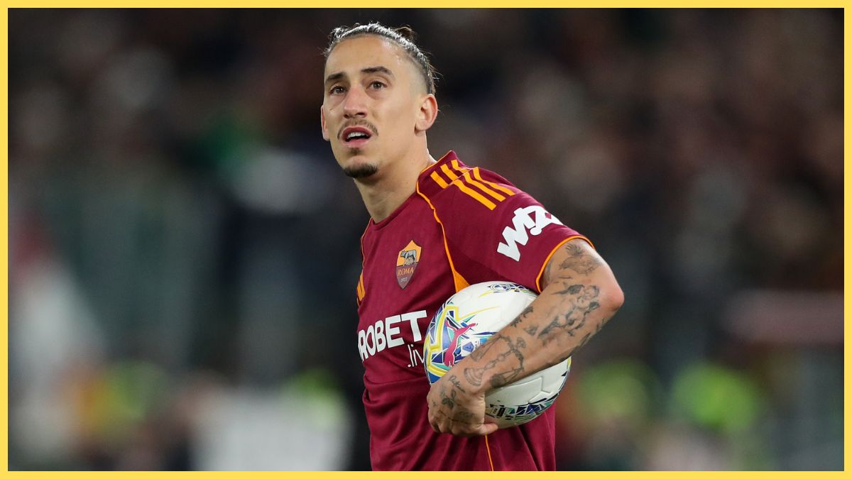 Kostas Tsimikas of AS Roma looks on while holding the ball during the Serie A match between AS Roma and US Lecce at Stadio Olimpico