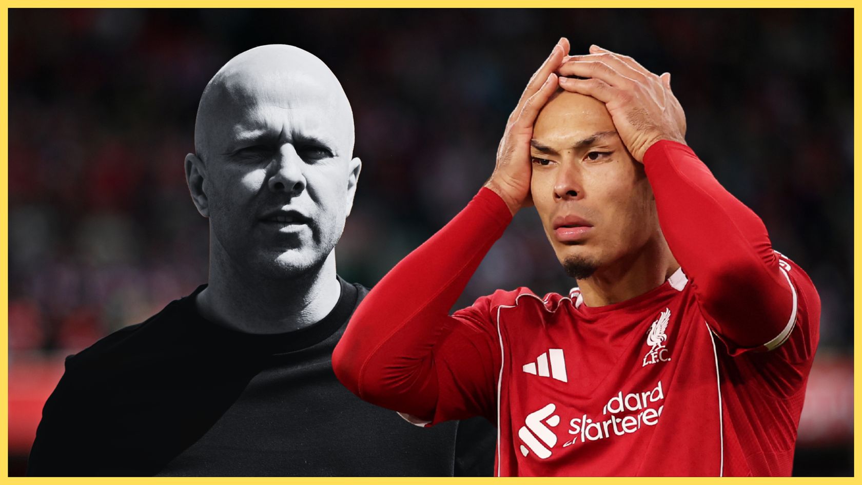 Arne Slot regarde le défenseur de Liverpool Virgil van Dijk mettre ses mains sur sa tête avec angoisse.