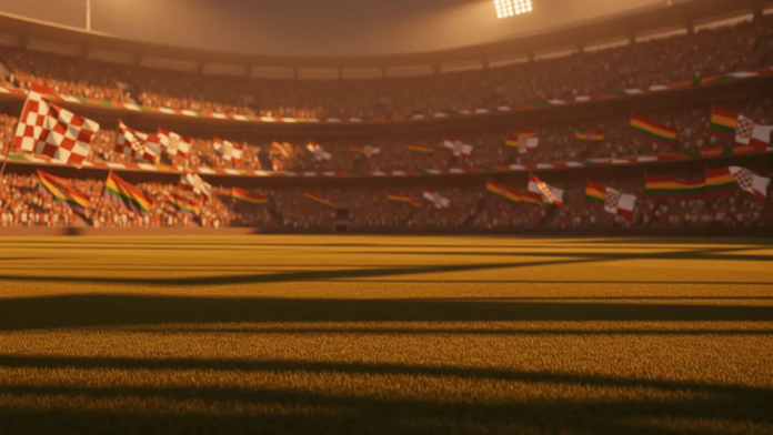 Floodlit stadium with packed stands showing Croatia and Ghana flag colours, golden-hour lighting, no players visible.