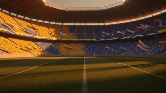 Floodlit football stadium at dusk, yellow-blue and blue-white flag colours in stands, empty pitch with dramatic shadows.