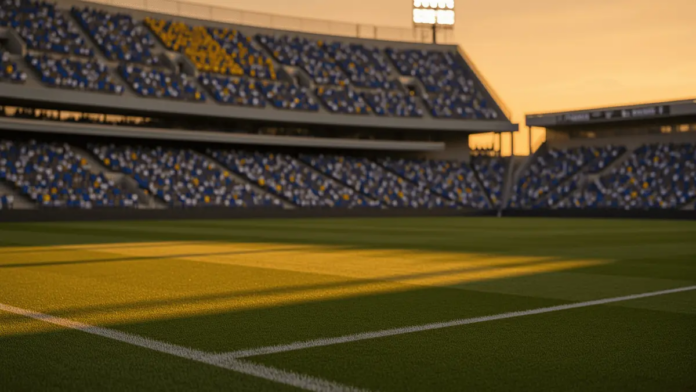 Floodlit stadium at dusk with packed stands, geometric shadow patterns on grass pitch, golden-hour lighting.