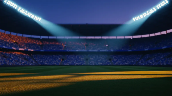 Floodlit stadium pitch at dusk with geometric light patterns and packed stands under golden-hour lighting.