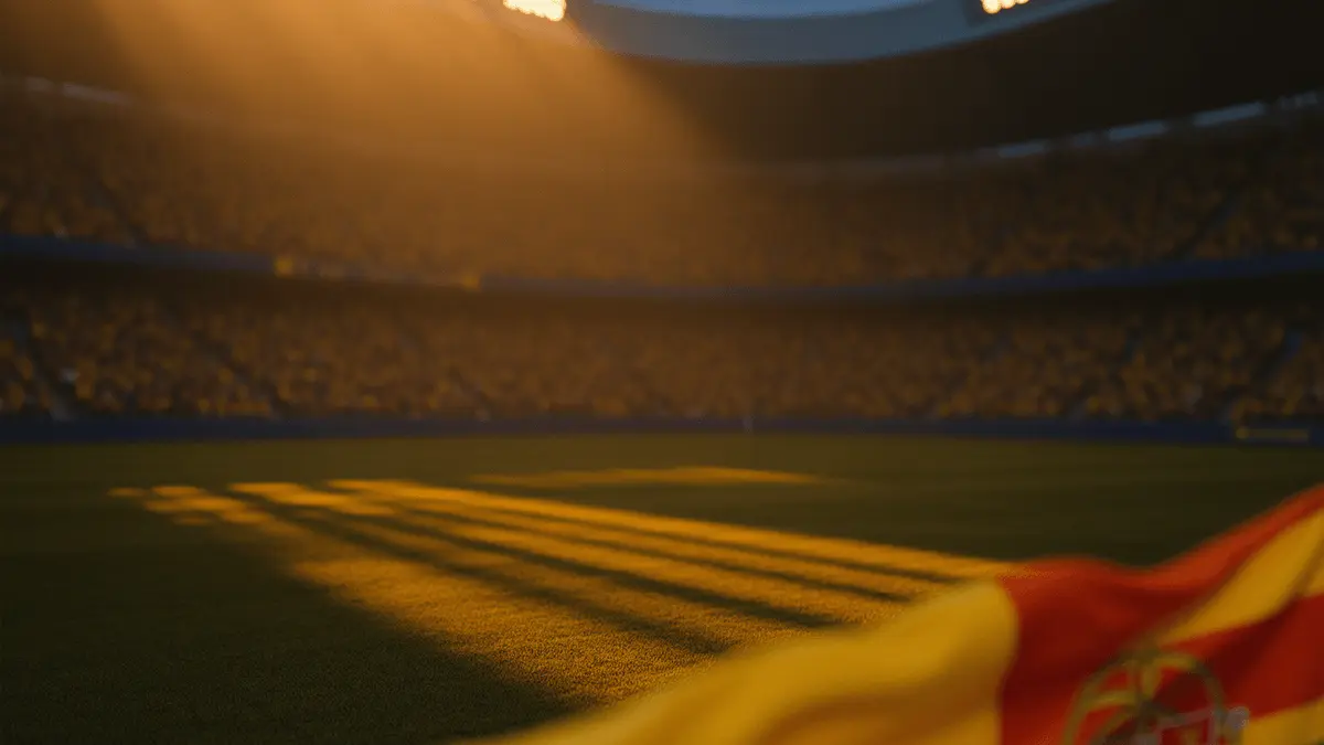 Floodlit stadium at golden-hour with packed stands, dramatic shadows, yellow-blue and red-green colour palette.