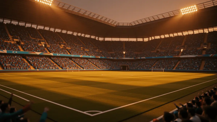 Floodlit international football stadium at dusk with packed stands in blue and turquoise colours under dramatic golden evening light.