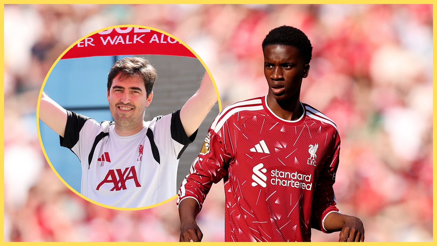 Le milieu de terrain de Liverpool, Trey Nyoni, regarde Andoni Iraola brandissant un foulard rouge.