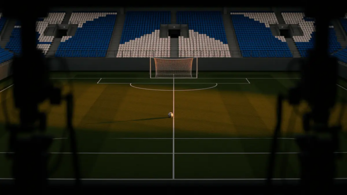 Floodlit football pitch at dusk with sky-blue and white stadium sections visible, match ball on centre spot, broadcast gantry perspective.