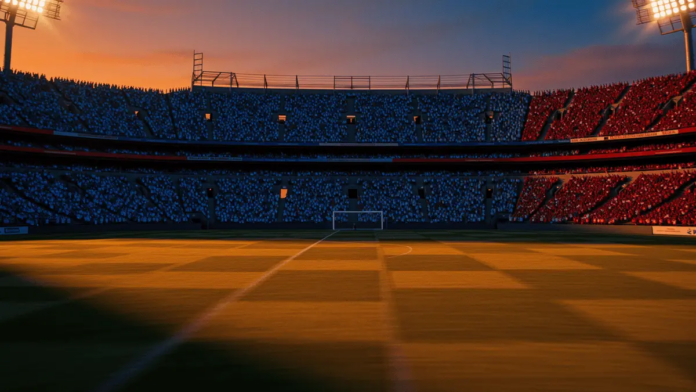 Floodlit football stadium at dusk with dramatic shadows, packed stands, Argentina and Egypt national colours visible through atmospheric lighting