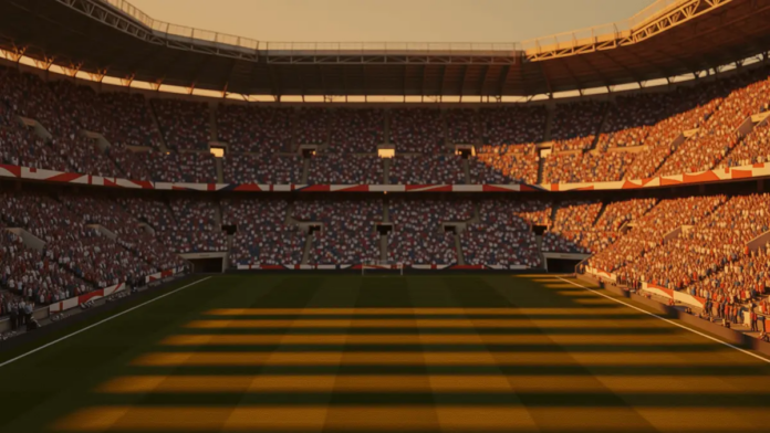 Floodlit World Cup stadium at dusk with packed stands in France and England flag colours, dramatic shadows across pitch.