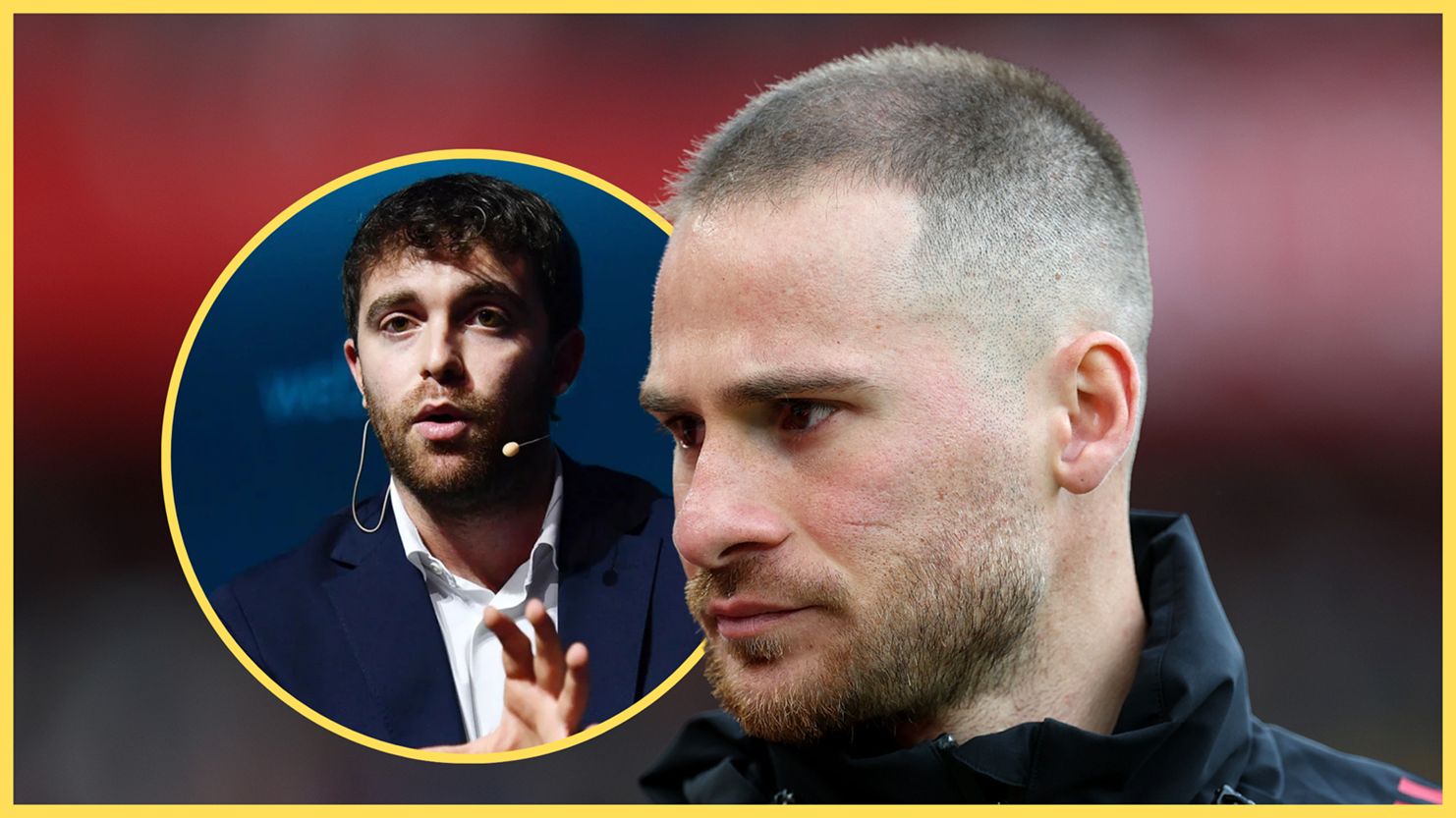 Liverpool midfielder Alexis Mac Allister looks on next to transfer news expert Fabrizio Romano.