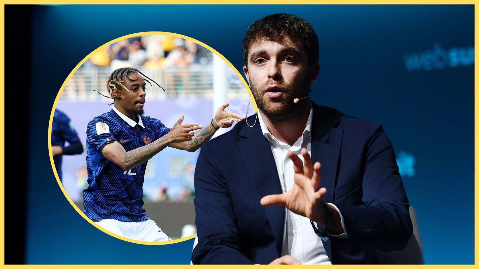 Transfer news expert Fabrizio Romano gestures with his left hand next to Liverpool target Bradley Barcola celebrating with gun hands.