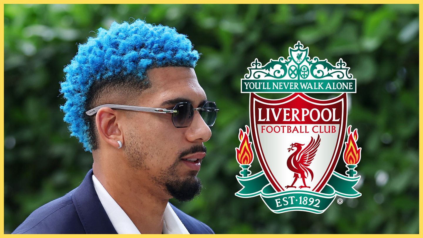 Blue-haired Barcelona defender Ronald Araujo looks at Liverpool club crest.