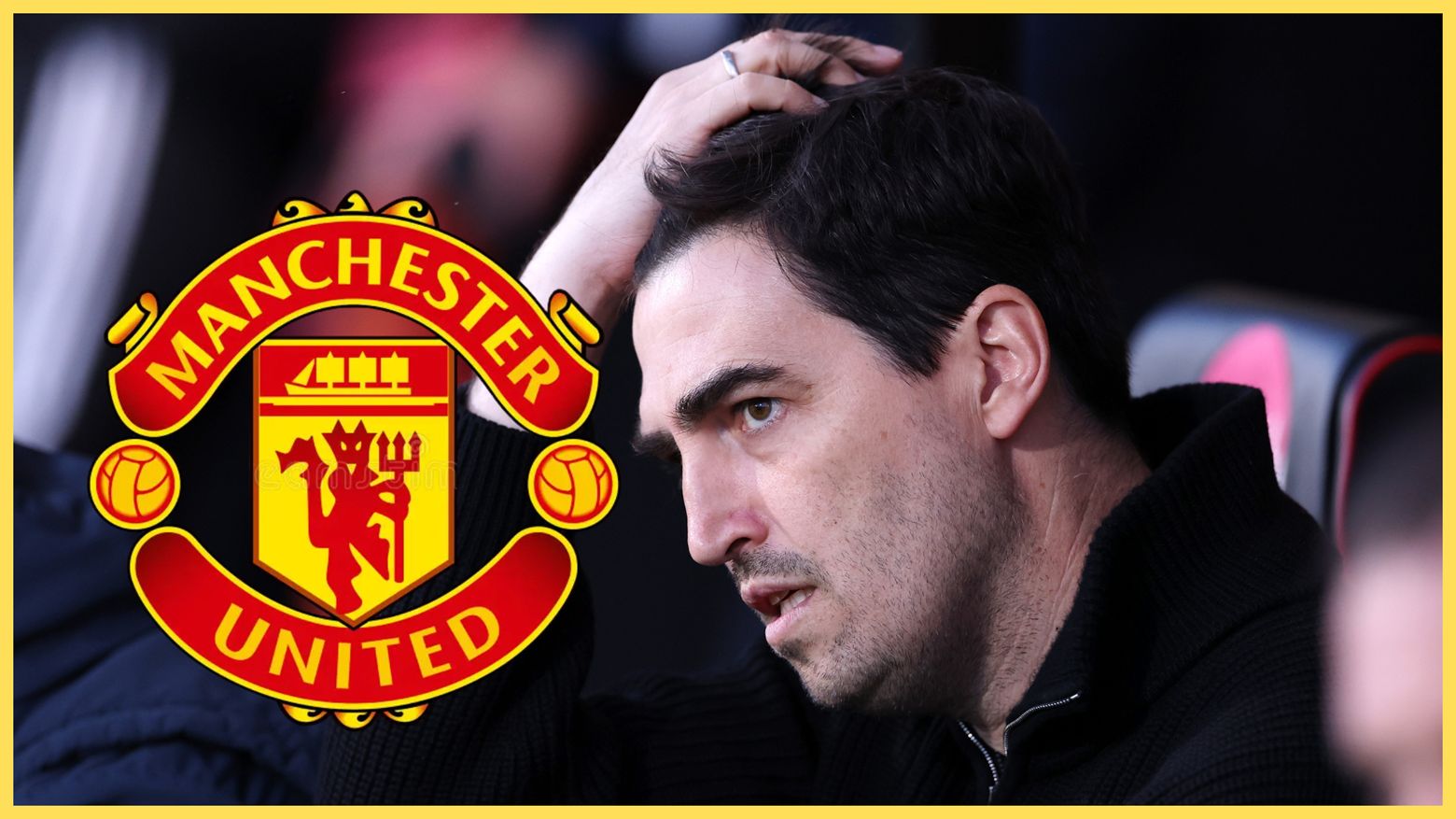 Liverpool manager Andoni Iraola rubs his head anxiously next to Manchester United club crest.