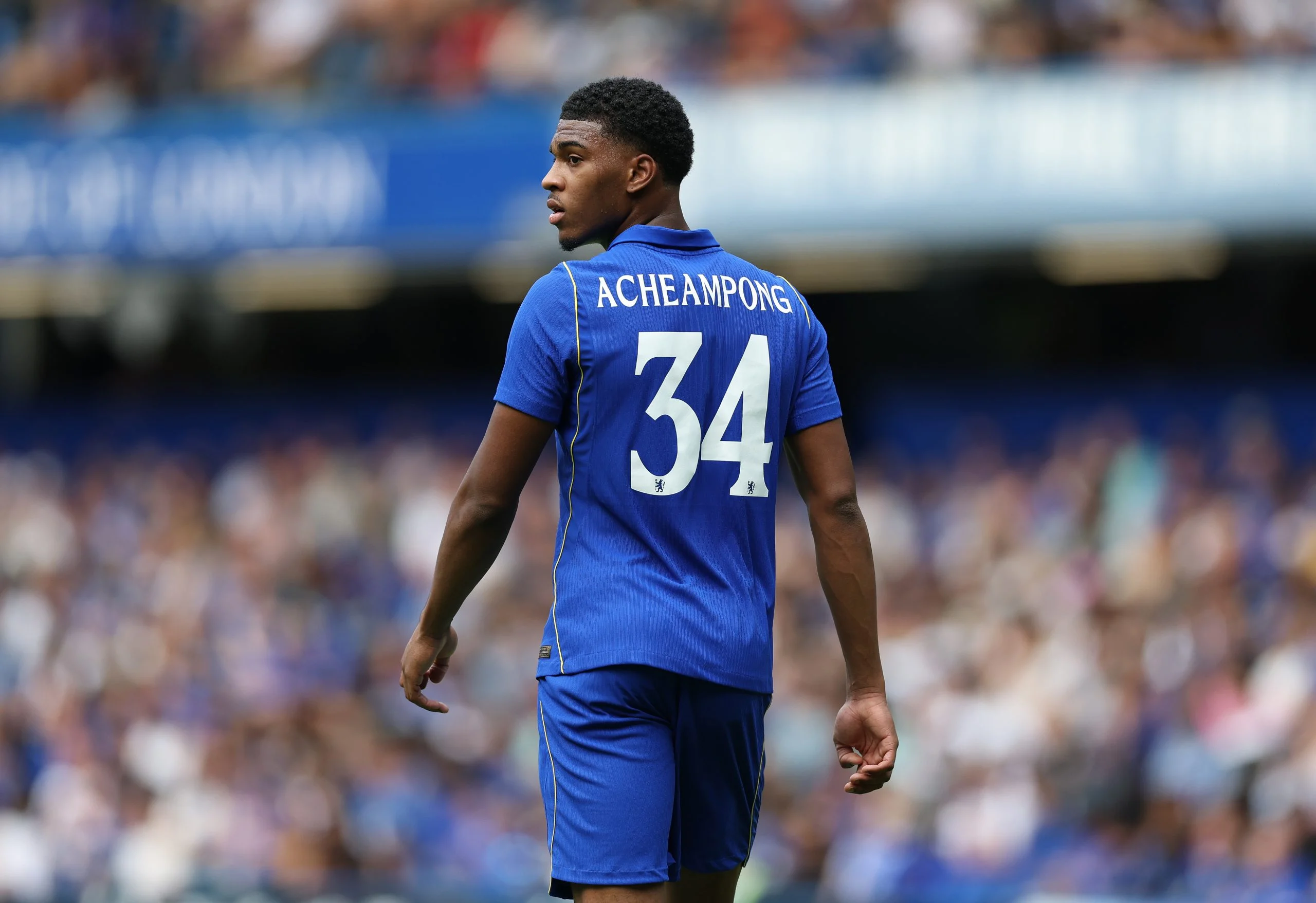 Josh Acheampong of Chelsea reacts during the pre-season friendly match between Chelsea and Real Sociedad at Stamford Bridge