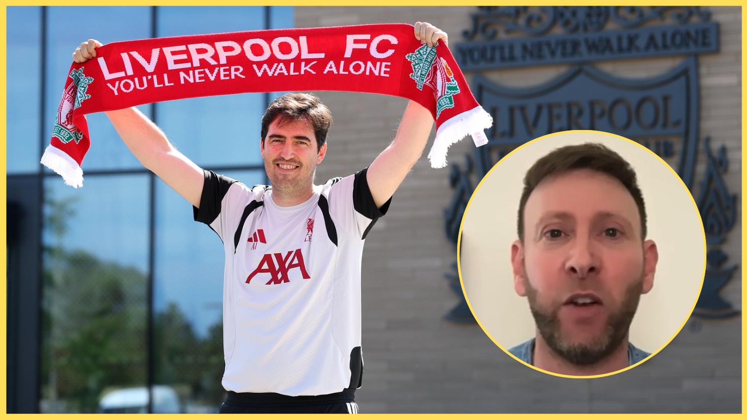 Andoni Iraola brandit une écharpe de Liverpool, avec Ben Jacobs en médaillon
